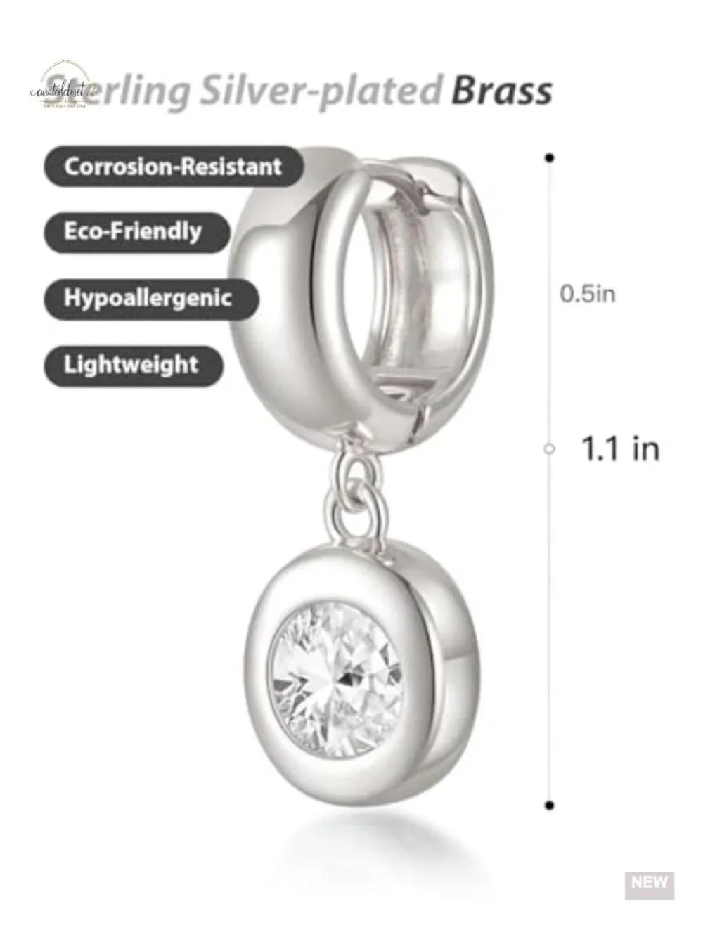 Chunky Huggie Hoop Earrings with Dangle CZ Charm, Hypoallergenic Plated Finish